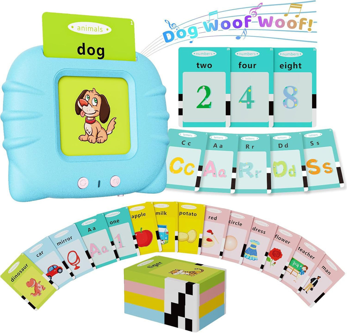 Educational children's toys including a blue toy with a dog illustration, number cards, and alphabet cards on a white background.
