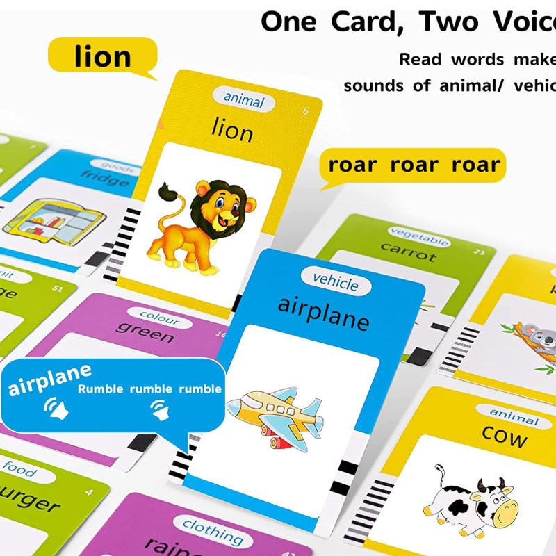 Educational flashcards with animal and vehicle sounds on a white background