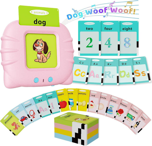 Educational children's learning set with pink toy, number cards, alphabet cards, and flashcards on a white background.