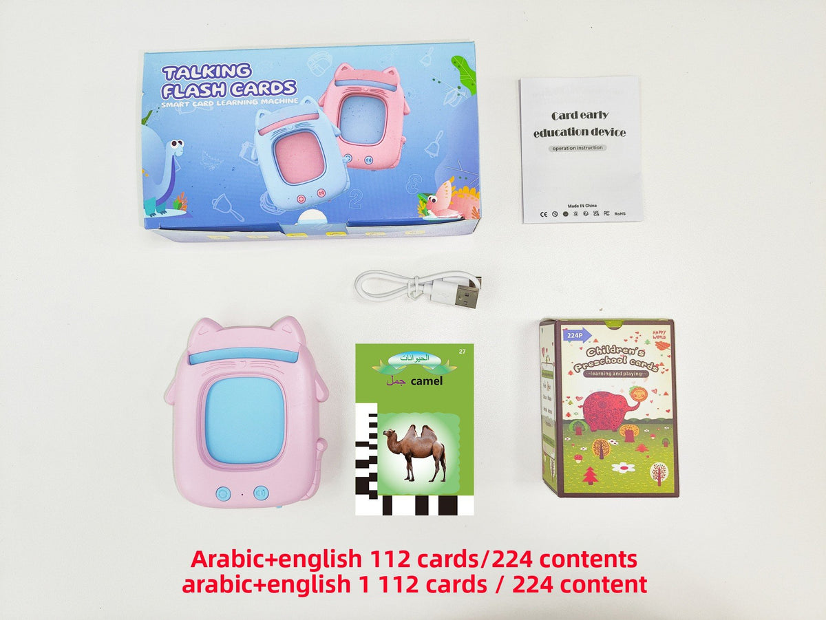 Educational device with flashcards and packaging on a white background