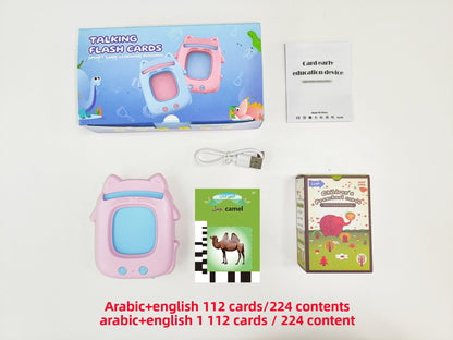 Educational device with flashcards and packaging on a white background