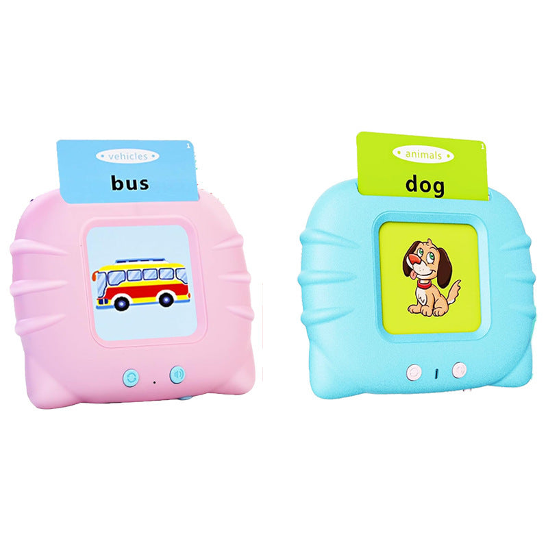 Two educational toys, one pink and one blue, with images of a bus and a dog on their screens.