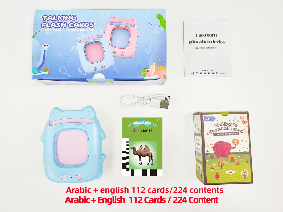 Educational device with flashcards and packaging on a white background