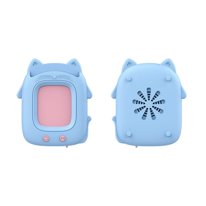 Blue cat-shaped device with a screen and speaker on a white background
