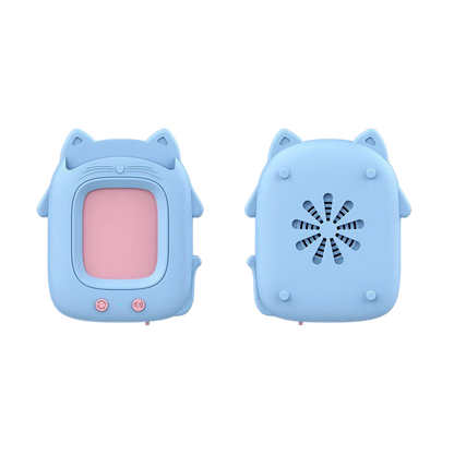 Blue cat-shaped device with a screen and speaker on a white background