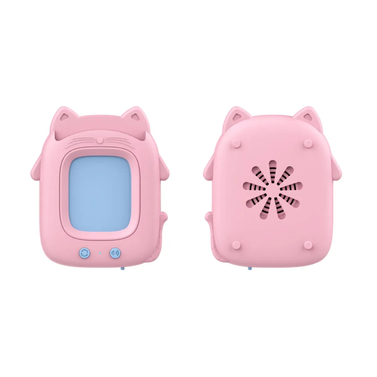 Pink electronic flash cards ndevice shaped like a cat with screen and buttons on a white background