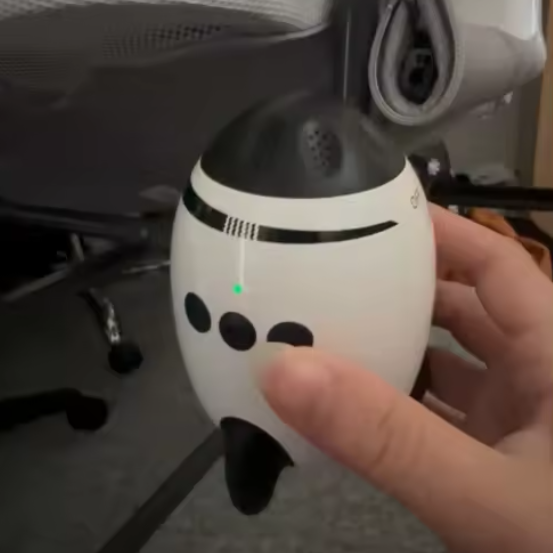 White spherical robot with black accents held by a hand on a blurred background